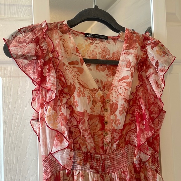 Zara Floral Red Patchwork Sheer Midi Sleeveless Dress M - Picture 5 of 16